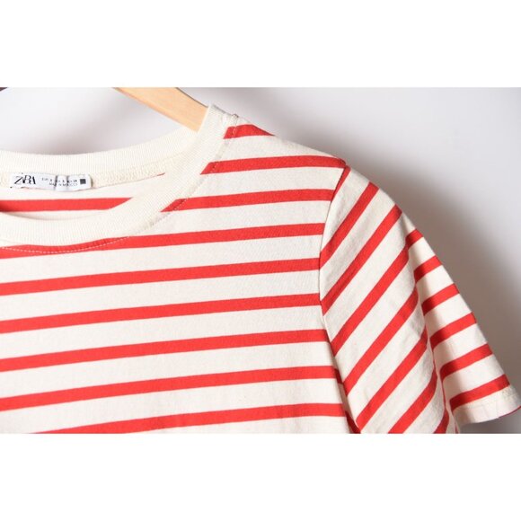 Zara Red and Ivory Striped Peplum Waist Short Sleeve Tee Shirt Blouse Size S - Picture 3 of 10